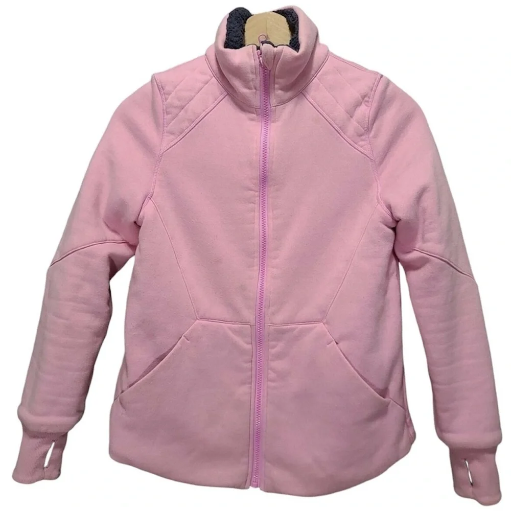 IVIVVA LULULEMON REVERSIBLE PINK GRAY THUMB HOLES SHERPA JACKET ZIP FRONT 12